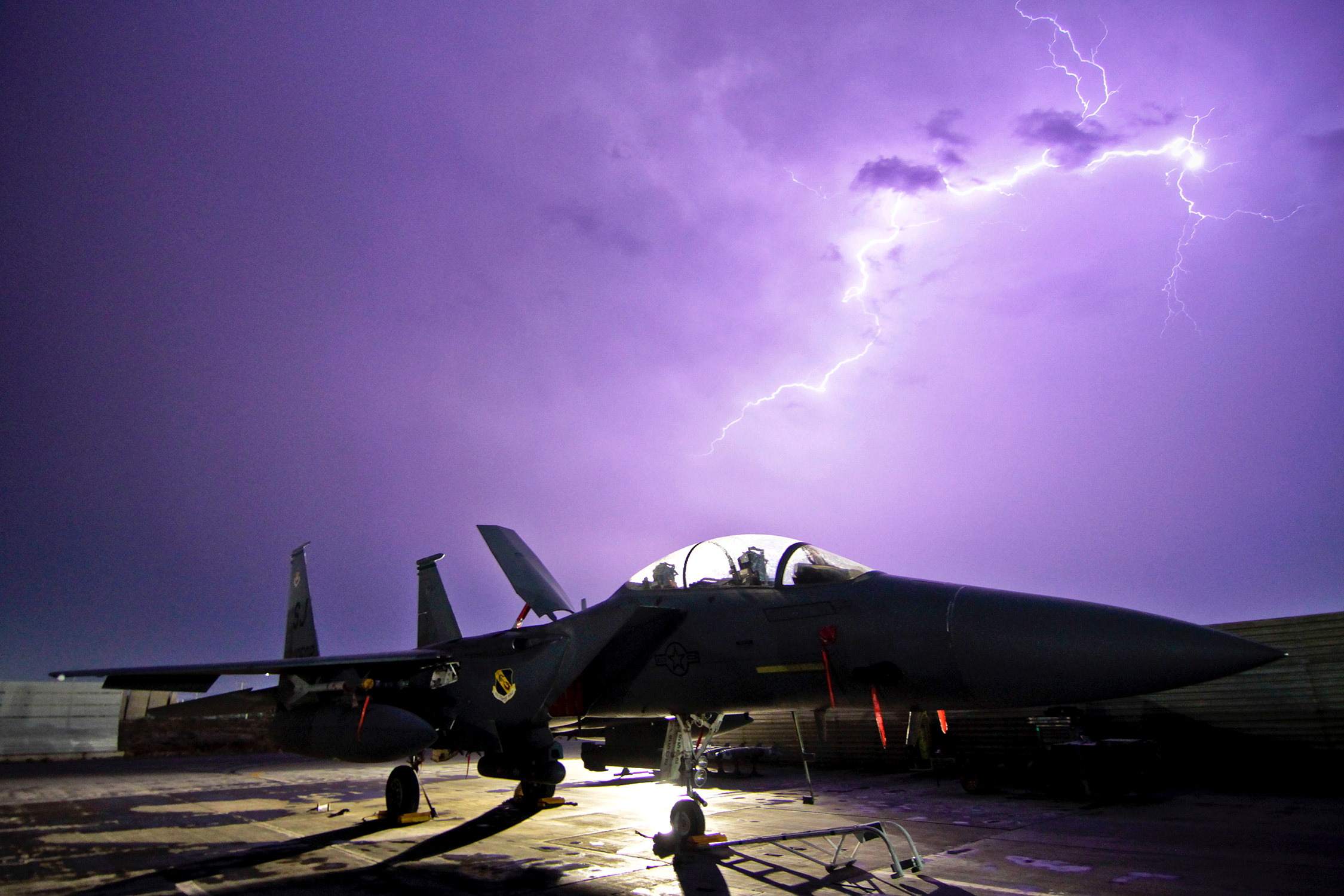 F-15E Strike Eagle in a lightning storm