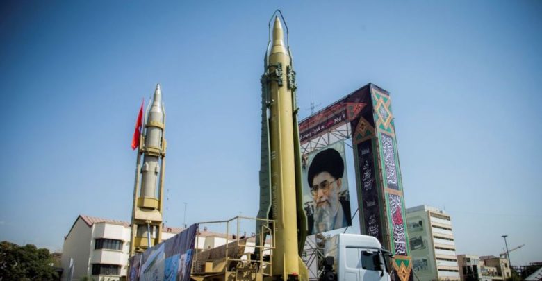 A display featuring missiles and a portrait of Iranian Supreme Leader Ayatollah Ali Khamenei is seen at Baharestan Square in Tehran on September 27, 2017.