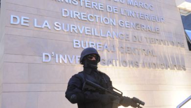 A member of the Moroccan special forces guard stands outside of the Central Bureau of Judicial Investigation (BCIJ) building