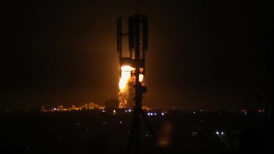 A ball of fire is seen following an Israeli airstrike on Rafah in the southern Gaza Strip early on August 3, 2020.