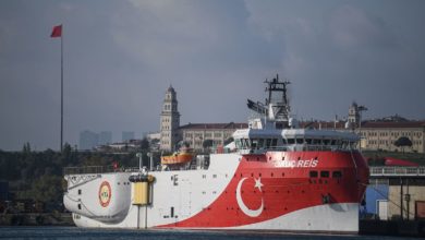 A view of Turkish General Directorate of Mineral research and Exploration's (MTA) Oruc Reis seismic research vessel docked at Haydarpasa port, which searches for hydrocarbon, oil, natural gas and coal reserves at sea, on 23 August 2019.