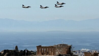Fighter jets fly over the Parthenon at the Acropolis on March 25, 2017 in Athens, during a military parade marking Greece's Independence Day.