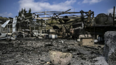 A photograph taken on October 15, 2020 shows a destroyed and burnt helmet lying on the ground of the hospital of Martakert region, a day after shelling during the ongoing fighting between Armenia and Azerbaijan over the disputed region