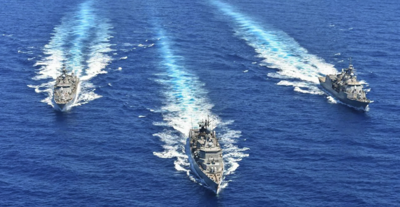Greek Hydra-class frigates take part in a military exercise in the eastern Mediterranean on August 26, 2020