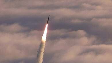 Photo of a missile being shot into the air.