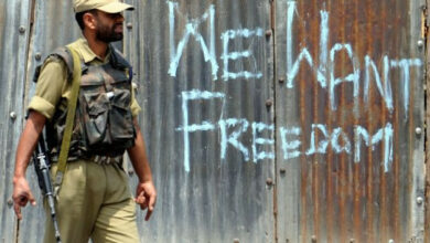An Indian paramalitary policeman on patrol.