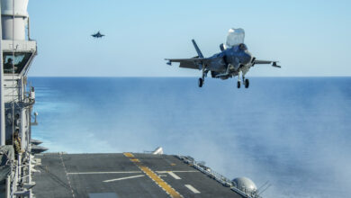 US Marine Corps F35-B prepares to land on the flight deck of the amphibious assault ship USS Makin Island.