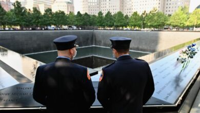 New York Firefighters gather at the 9/11 Memorial & Museum in New York on September 11, 2020, as the US commemorates the 19th anniversary of the 9/11 attacks