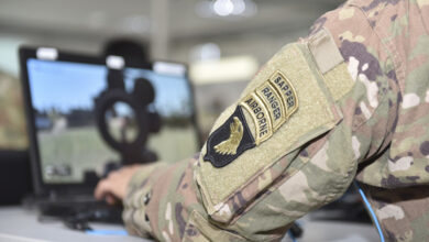 A US Army Sapper, Ranger, and Airborne qualified Soldier assigned to the 101st Airborne Division, uses the Virtual Battle Space 3 (VBS3) system at the Joint Multinational Simulation Center’s Tactical Gaming division in Camp Aachen, Germany, May 3, 2019.