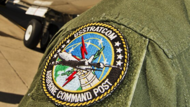 A U.S. Strategic Command airborn command post patch adorns the shouder of Maj. Gen. Richard Evans III, U.S. STRATCOM acting deputy commander, at Minot Air Force Base, N.D., Sept 19, 2016