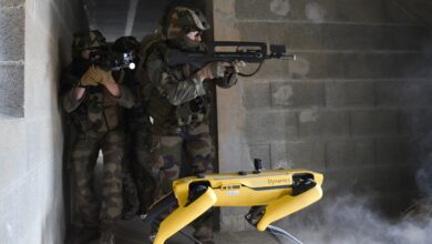 The Boston Dynamics robot, nicknamed Spot, seen alongside a French soldier