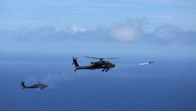 Two US Army AH-64D Apache attack helicopters launch eight "fire and forget" AGM-114L Hellfire Air to Surface Missiles during a training exercise off the coast of Oahu as part of the Rim of the Pacific in 2016.