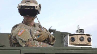 A soldier dons the Integrated Visual Augmentation System Capability Set 3 hardware while mounted on a Stryker at Joint Base Lewis-McCord, Washington, in January 2021