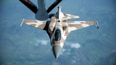 A Royal Moroccan air force F-16 prepares to receive fuel from a KC-135 Stratotanker from the 191st Air Refueling Squadron, during Exercise African Lion April 20, 2018