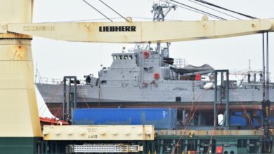 Former US Coast Guard patrol boats refitted for the Ukrainian navy are seen on board the cargo ship Ocean Grand arriving at the Black Sea port of Odessa, Ukraine