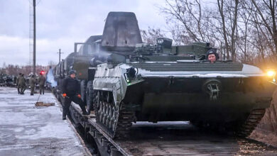 A Russian troop train transporting military vehicles arriving for drills in Belarus