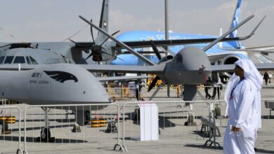 A Chinese-made Wing Loong II drone on display at an airshow in Dubai