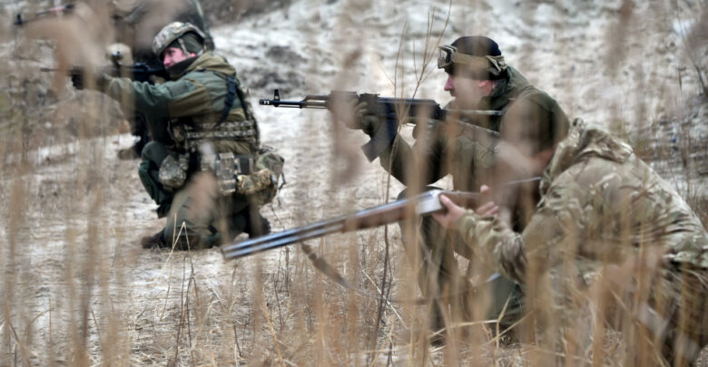 Ukraine soldiers in a drill near Kyiv