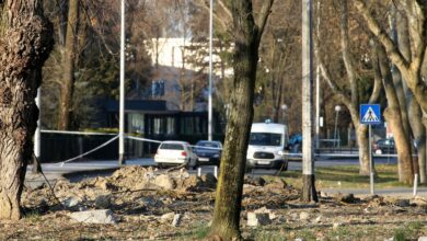 Debris and crater caused by a crashed Russian-made Tu-141 drone, in Zagreb, Croatia
