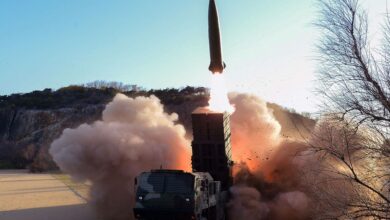 This undated picture released from North Korea's official Korean Central News Agency (KCNA) on April 17, 2022 shows the test-fire of a new-type tactical guided weapon in North Korea