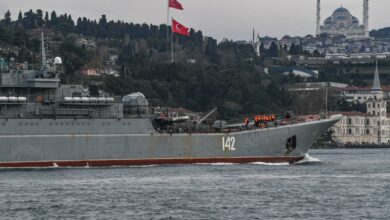 Russian warship BSF 142 Novotcherkassk sails through the Bosphorus Strait