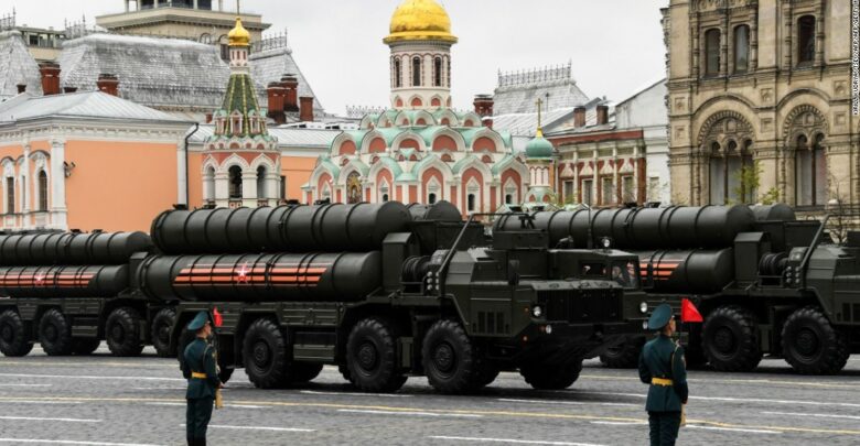 Military trucks loaded with warheads capable of carrying a nuclear charge during a parade on Red Square in Moscow