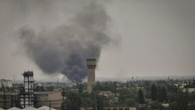 Smoke rises during shelling in the city of Severodonetsk, eastern Ukraine on May 21, 2022.
