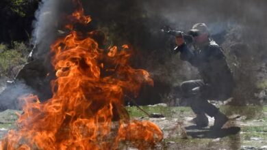 Kyrgyzstan troop during military drills in the Tatyr gorge area