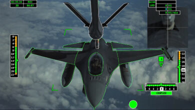 Airbus A330 MRTT tanker conducting automatic air-to-air refuelling to an F-16