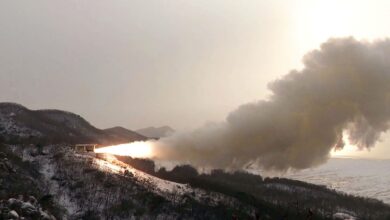 This picture taken on December 15, 2022 and released from North Korea's official Korean Central News Agency (KCNA) on December 16, 2022 shows a ground ejection test - a high-power solid fuel engine test - conducted at the Saikai satellite launch site in South Pyongan Province