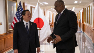 Secretary of Defense Lloyd J. Austin III speaks with Japanese Defense Minister Yasukazu Hamada during a bilateral exchange at the Pentagon Washington, D.C., Jan 12, 2023. (DoD photo by U.S. Air Force Tech. Sgt. Jack Sanders)