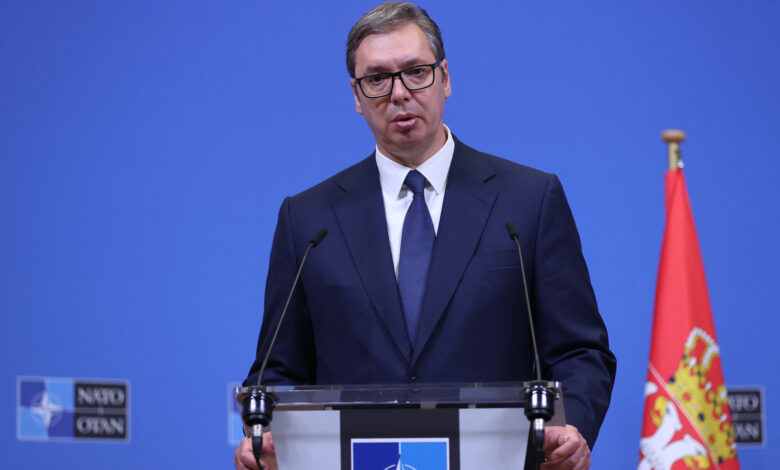 Serbian President Aleksandar Vucic speaks during a press conference at the NATO headquarters in Brussels, August 2022