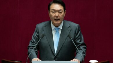 South Korean President Yoon Suk-yeol speaks at the National Assembly in Seoul