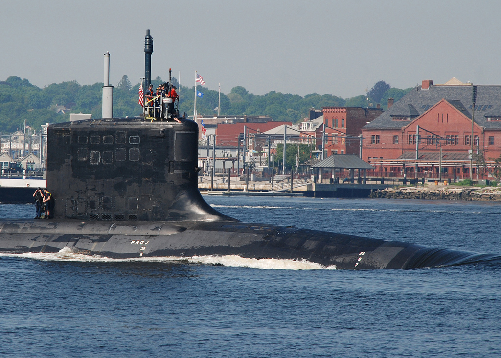 The Virginia-class attack submarine USS New Hampshire (SSN 778) transits the Thames River as it returns to Naval Submarine Base New London following a scheduled underway. (U.S. Navy photo by Mass Communication Specialist 1st Class Jason J. Perry/Released)