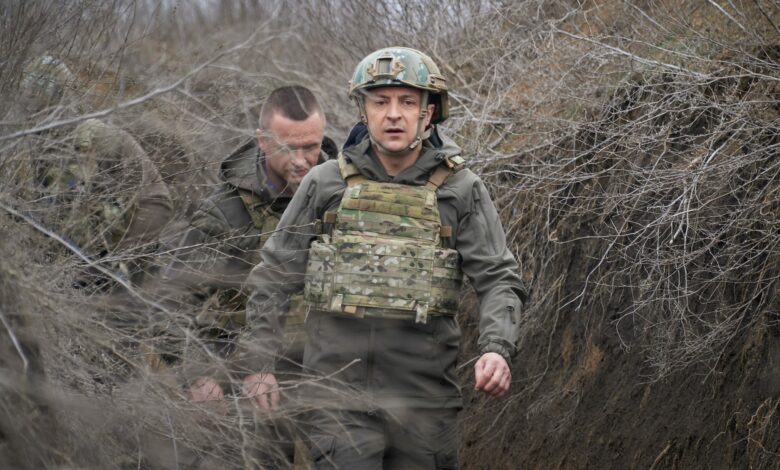 Ukraine's President Volodymyr Zelensky on his visit to the eastern Ukrainian conflict zone, 2021