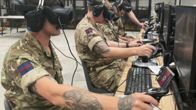 Soldiers immersed on Interim Combined Arms Virtual Simulation (Deployable) military training system. Photo: Elbit Systems