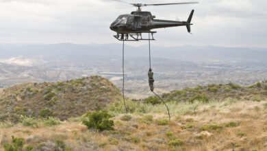 Eurocopter AS350 Ecureuil A-Star Helicopter (now H125) flying over the hills of Malibu, CA during a Fast Rope type military operation.