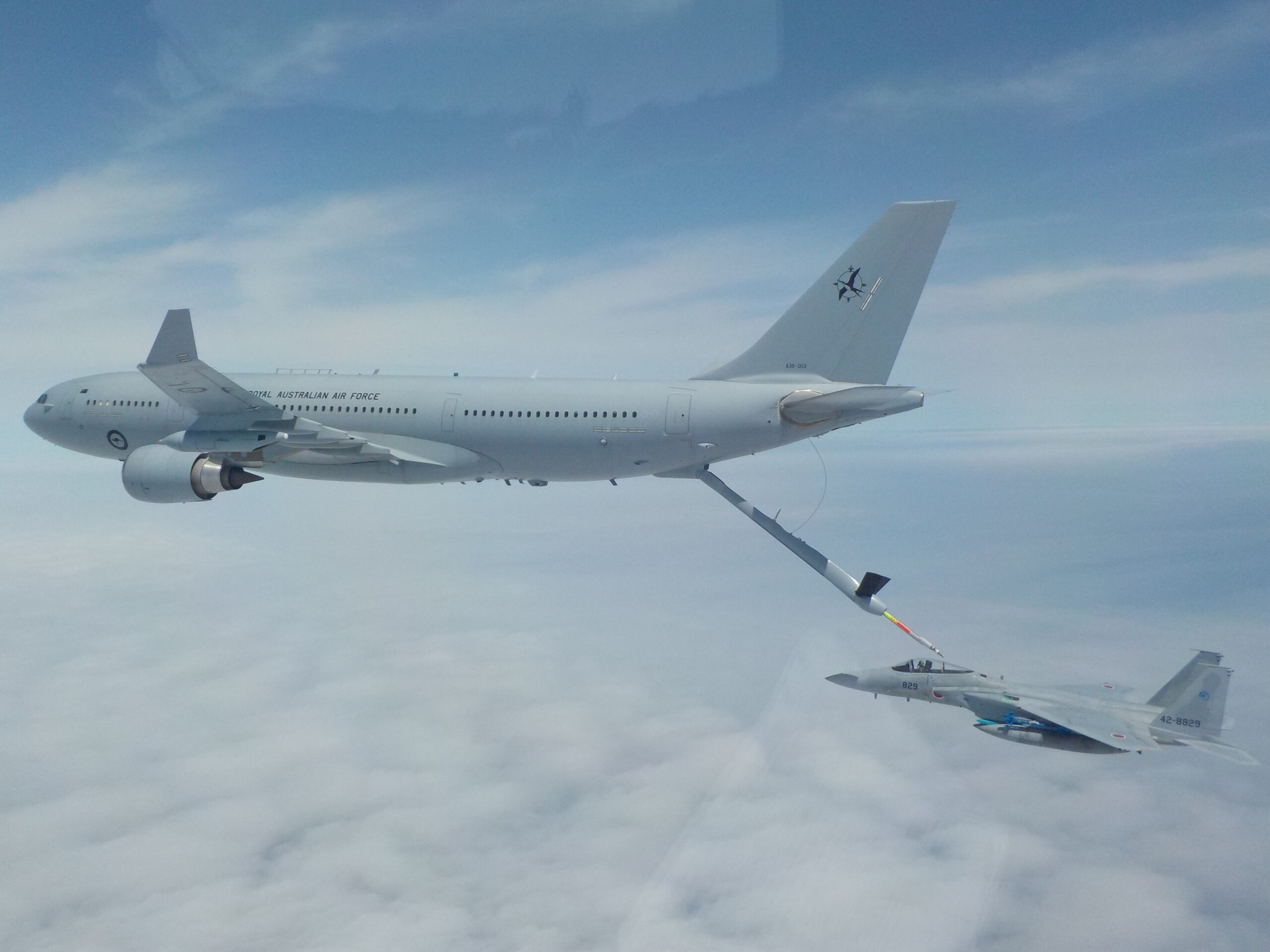 Royal Australian Air Force (RAAF) KC-30A Multi-Role Tanker Transport conducting refuelling trials with Japan Air Self-Defense Force (JASDF) F-15J Eagle.