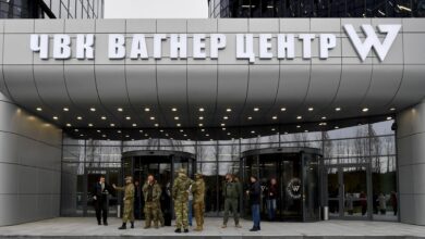 Visitors at the entrance of the PMC Wagner Centre in Saint Petersburg