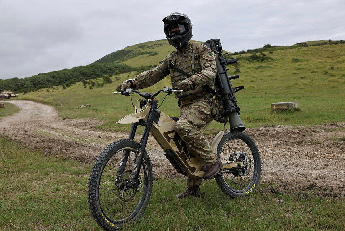 UK Armed Forces demonstrating the Stealth H-52 electric bike as part of Project VIRTUO at Lulworth Range in the UK.