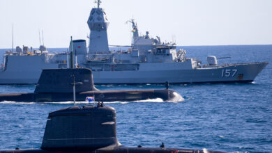 INS Vagir, HMAS Rankin, and HMAS Perth conduct manoeuvre exercise at the Western Australian Exercise Area during the Indian Submarine INS Vagir visit to Fleet Base West in Perth, Western Australia
