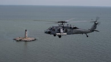 An MH-60S Sea Hawk, attached to the Dragon Whales of Helicopter Sea Combat Squadron (HSC) 28, equipped with its Airborne Laser Mine Detection System (ALMDS), flies over the Chesapeake Bay, April 29, 2020. Operated from the MH-60S Sea Hawk, ALMDS provides rapid wide-area reconnaissance and assessment of mine threats in littoral zones, confined straits, and choke points. HSC-28 is stationed in Norfolk, Virginia. (U.S. Navy photo by Mass Communication Specialist 3rd Class Rebekah M. Rinckey)