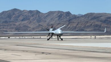 A UK Protector RG Mk 1 drone is seen on a runway, seemingly moments before takeoff.