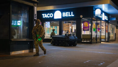 Remote Piloted Vehicles (RPV) is being driven through Swindon town during the exercise to carry Ammunition and resupply troops as well as casualty extraction during LIVEX 23. LIVEX 23 is Experimentation and Trials Group activity which took place in both the urban and rural domains around the Swindon area. 2 Yorks and TDUs exercised with experimental kit and equipment initially in the urban domain, specifically the disused Debenhams store in Swindon, moving into the rural domain on 28 Sept. The Phalanx Platoons concept was trialled for the first time with new kit and equipment on a multi-phase exercise to test the concept which incorporates a systems operator into the platoon to provide situational awareness through the use of uncrewed systems. They also trialled a variety of other innovative kit including uncrewed ground vehicles one of which will be weaponised. Other new kit includes enhanced Dismounted Situational Awareness, STEED and ballistic shields.