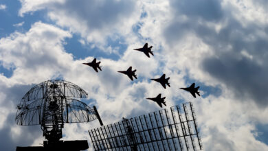 Air defense raiders of military mobile anti-aircraft complexes (radar is designed and automatic tracking of targets and missiles) against the background of the flight of modern combat fighters,Russia