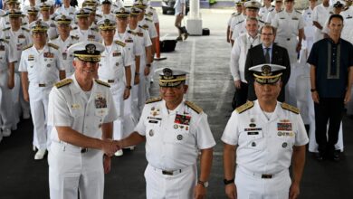 Vice Admiral Karl Thomas, Commander of the US 7th Fleet and Vice Admiral Toribio Adaci Jr, Flag Officer in Command of Philippine Navy Exercise Scheduling SAMASAMA 2023, shake hands during the opening ceremony of Exercise SAMASAMA 2023, the annual bilateral navy-to-navy exercise between the Philippines and US at Philippine Navy Headquarters in Manila