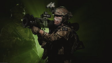 A soldier is seen in the center of the image carrying a Saab Carl-Gustaf Rifle on his shoulder. The background is tinted with green light, making the soldier cast a shadow on most of the image's right.