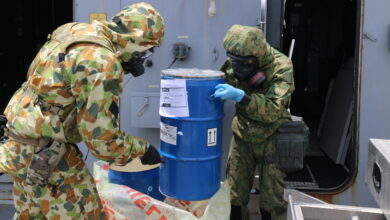 Australian and Singaporean defence personnel conduct CBRN training on board HMAS Brisbane whilst alongside in Sembawang *** Local Caption *** Australian Army special operations force soldiers from the Special Operations Engineer Regiment (SOER) joined 36th and 39th Battalion, Singapore Combat Engineers, specialists for counter-CBRNE (chemical, biological, radiological, nuclear and high-yield explosives) training in Singapore as part of Indo-Pacific Endeavour 2023. The Australian Army and Singapore Army combat engineers conducted training together in Singapore and on the Royal Australian Navy destroyer HMAS Brisbane to share skills and further enhance interoperability. SOER counter-CBRNE specialist soldiers are highly trained and responsible for developing Australian Defence Force doctrine and ensuring the ADF is equipped to meet current and future needs. SOER is an Australian Army special operations force unit within Special Forces Group providing the Australian Government with unique technical capabilities in support of the national interest.