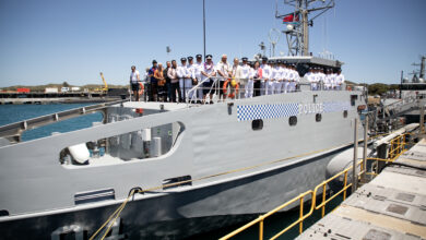 Samoa Police Service members and VIP guests on the new Samoa Police Boat Nafanua III during the eighteenth Guardian-Class Patrol Boat handover by the Australian Government to the Government of Samoa at HMAS Stirling, Western Australia. *** Local Caption *** The eighteenth Guardian-class Patrol Boat (GPB) delivered under the Pacific Maritime Security Program was handed over by the Australian Government to Samoa during a ceremony held in HMAS Stirling, Western Australia on Monday 20 November 2023. Acceptance of the new SPB Nafanua III was recognised by the Government of Samoa at this ceremony.