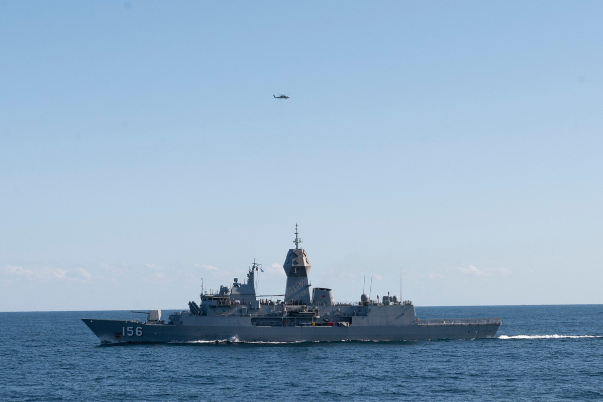 HMAS Toowooba practices sail pass in the Philippine Sea, October 2023.